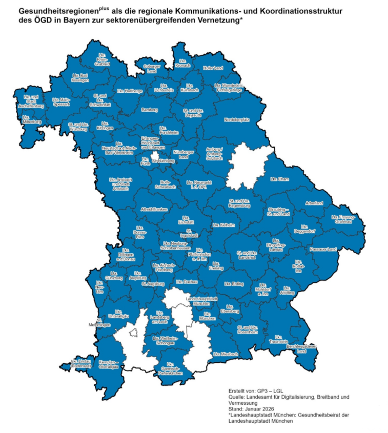 Übersicht aller GesundheitsregionenPlus in Bayern (Stand Januar 2026)